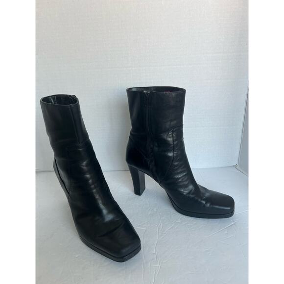 Worthington Black Leather High Heel Mid Calf Square Toe Zip Up Boots Size 9M - Picture 2 of 10